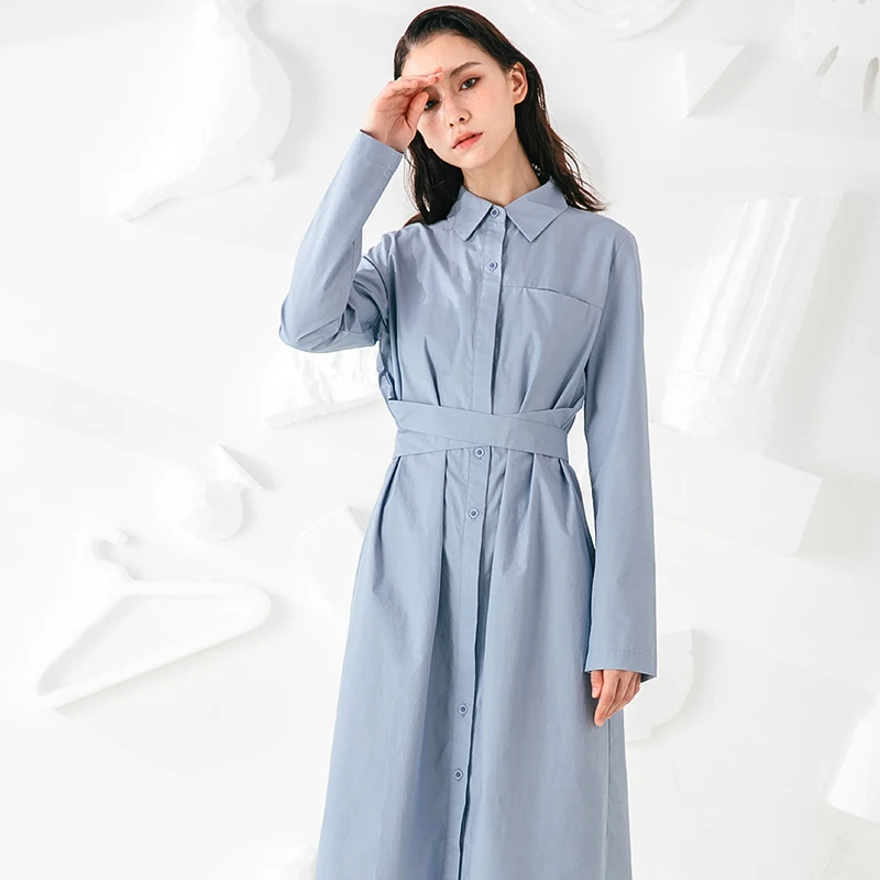 

Slimming Effect Pure Cotton irt Dr Original Design High Waist A-Line Midi Dr Single Button Closure Long Sve Dres