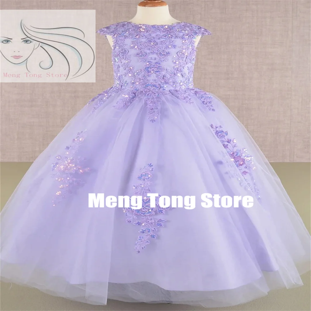 Vestidos de flores púrpuras para niña, apliques florales sin mangas para boda, fiesta de cumpleaños, banquete, vestidos de princesa