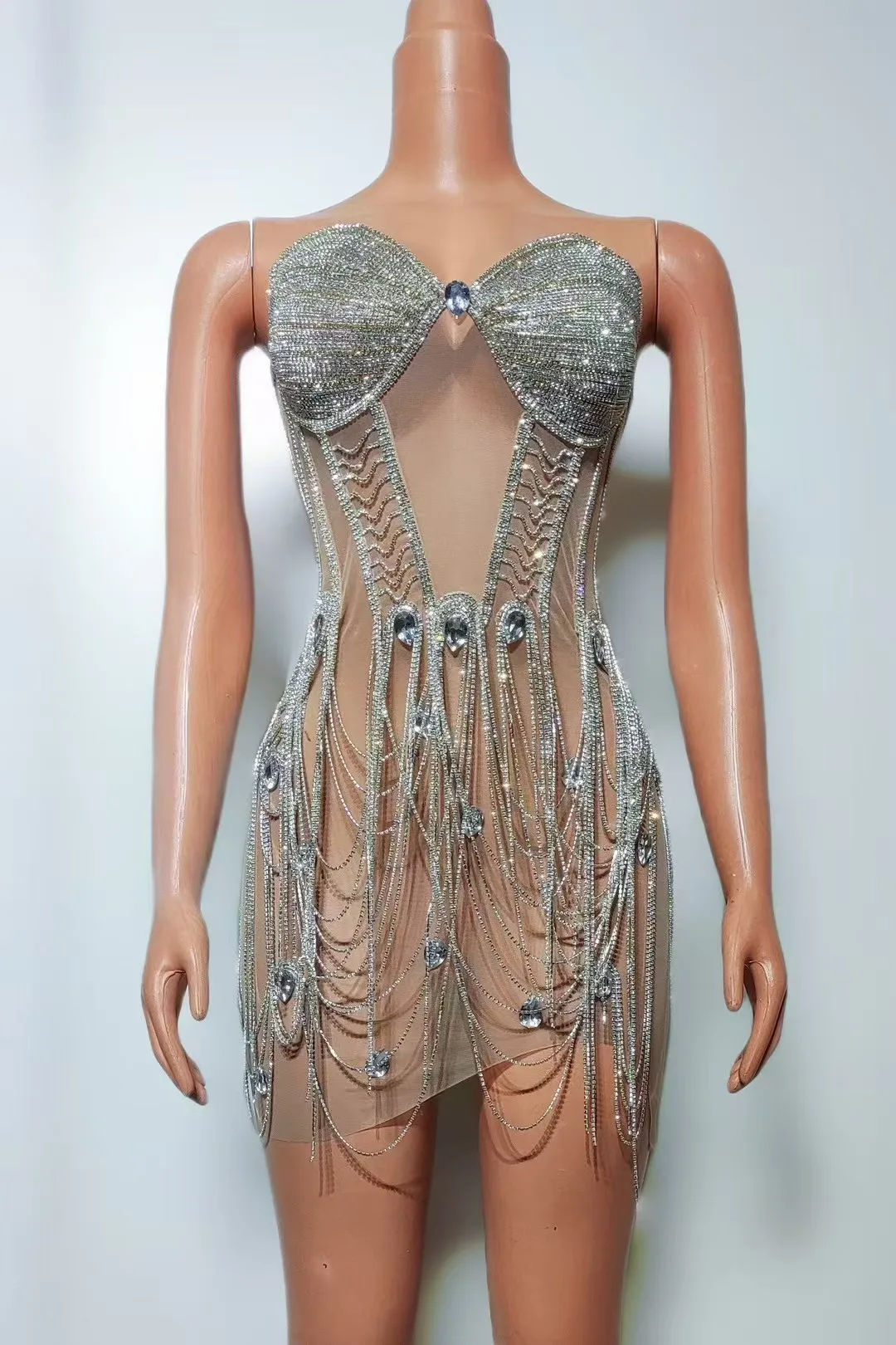 

Customized Luxurious Sparkly Rhinestones ChainsMesh See Through Short Dress Women Sexy Celebrate Birthday Prom Evening Dre A899