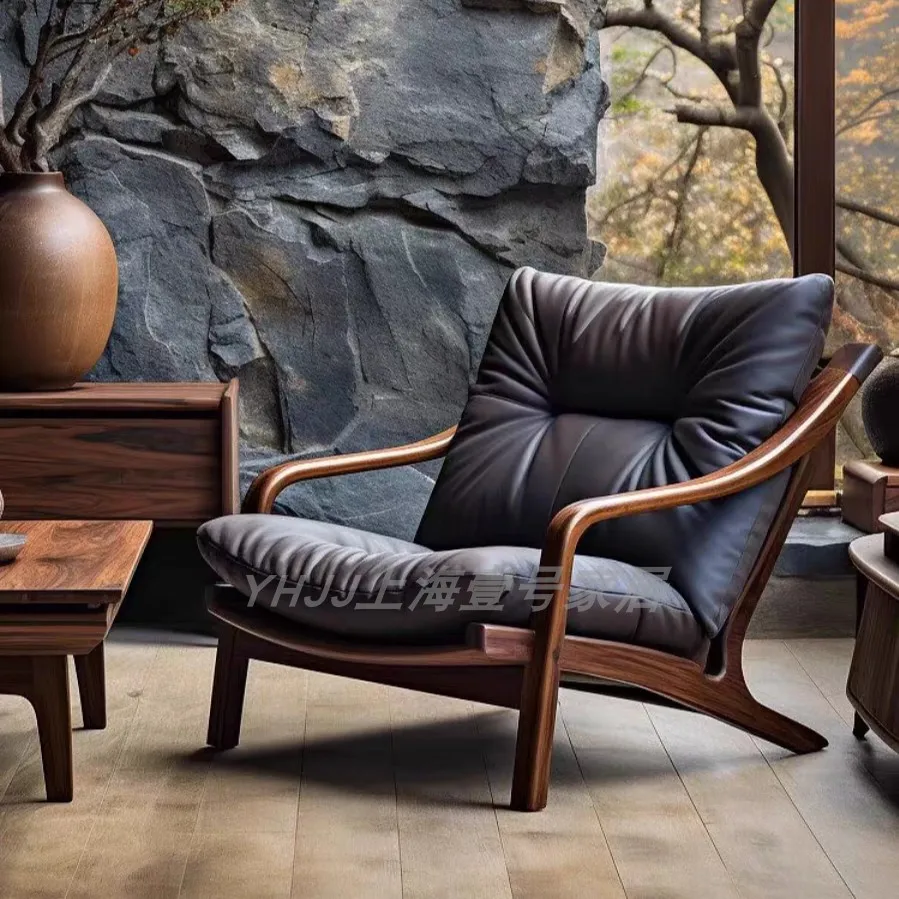 

Chinese Solid Wood Retro Single Sofa Chair Living Room Leisure Lazy Armrest Recliner Bed And Breakfast Club Designer Furniture