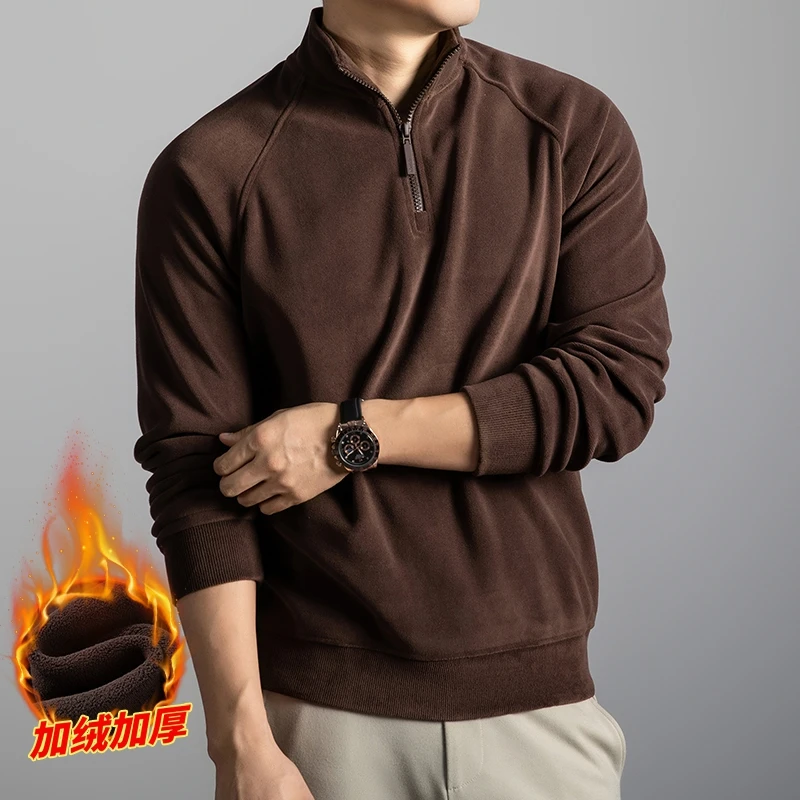 High-end Semi-high Neck Zip-Up Sweatshirt for Men Fleece-lined and Thickened 2025 New Autumn/Winter Warm Long Sleeve Top for Men