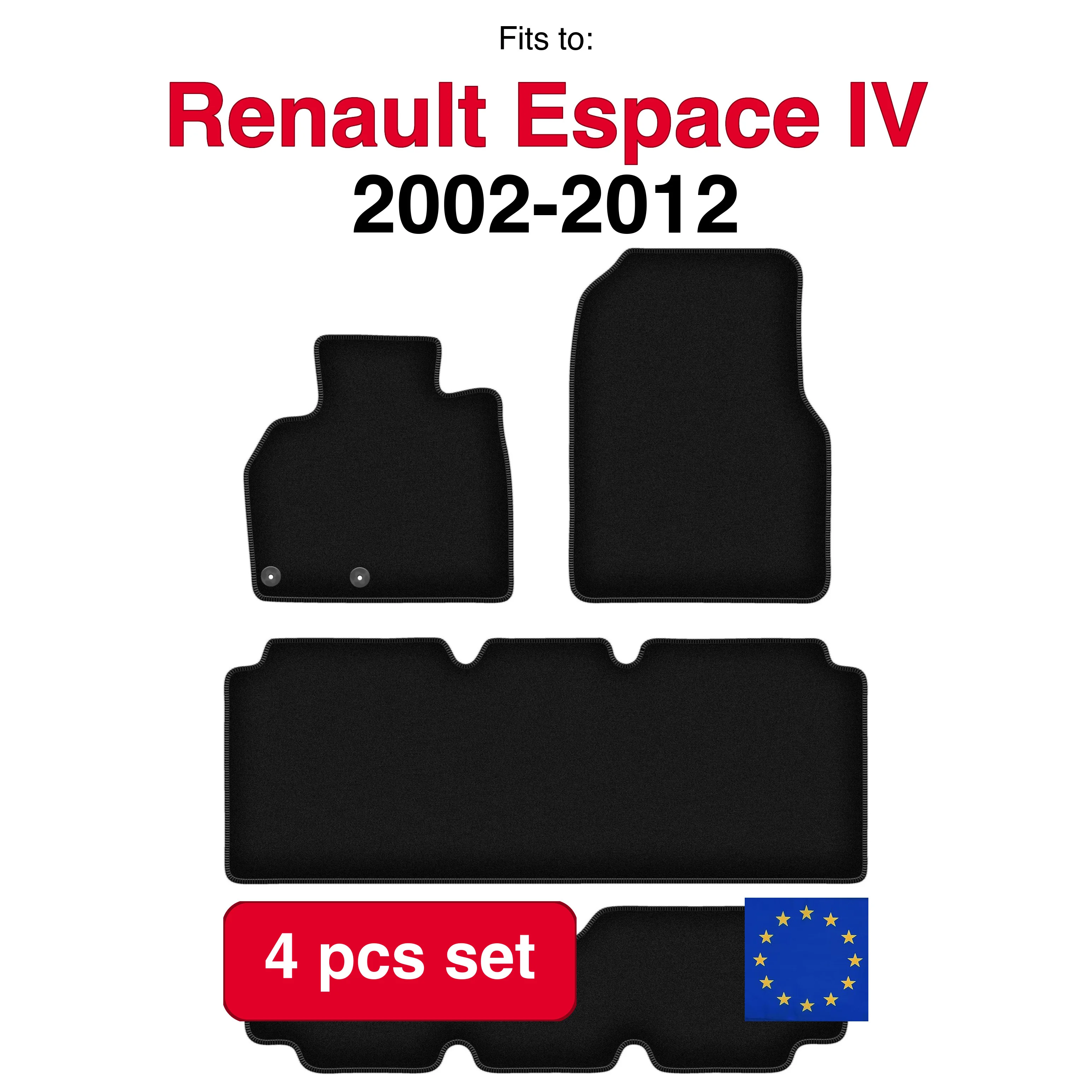Image of Veloursteppich-Set für Renault Espace IV 7 Personen (2002-2012) - Schwarz (4 Stück) passgenaues Auto-Fußmatten-Set