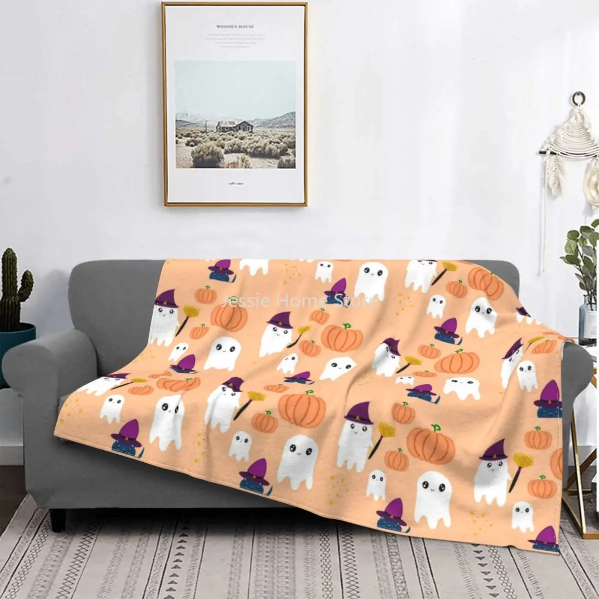 

Cute Halloween Fall Ghosts Pumpkins And Cat Blanket Flannel Spring Autumn Party Ultra-Soft Throw Blankets for Sofa Couch Quilt