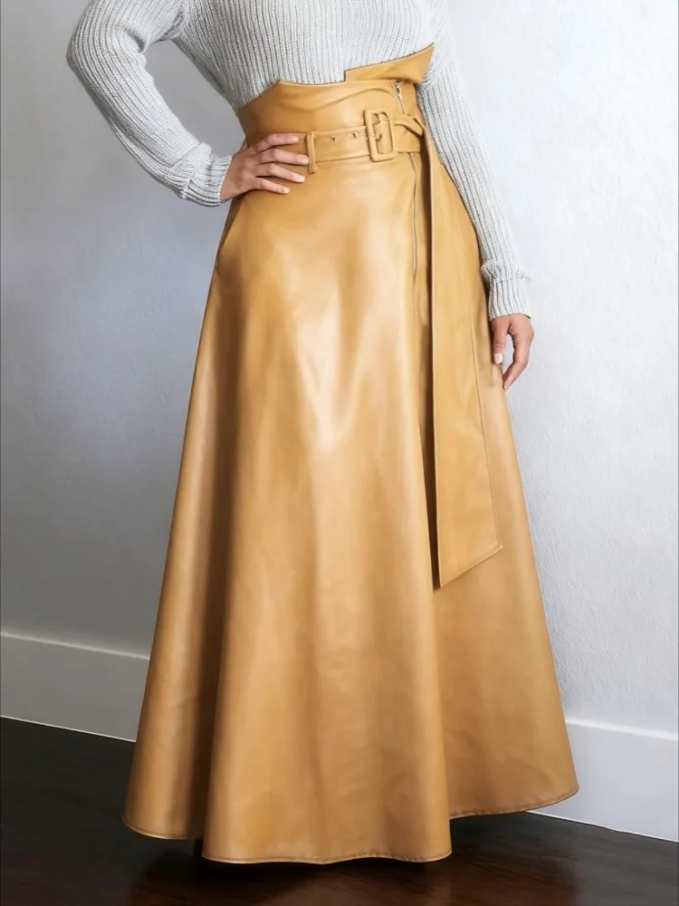 Gymystars japonês roupas vintage zíper pu saias longas moda bolsos soltos cor sólida cintura alta maxi saia com cinto
