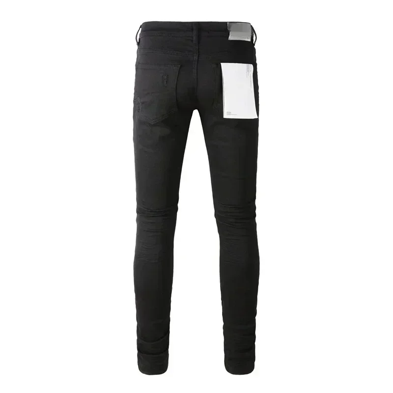 High Street Purples Jeans da uomo Fashion Black distressed Fashion riparazione di alta qualità pantaloni Skinny in Denim a vita bassa