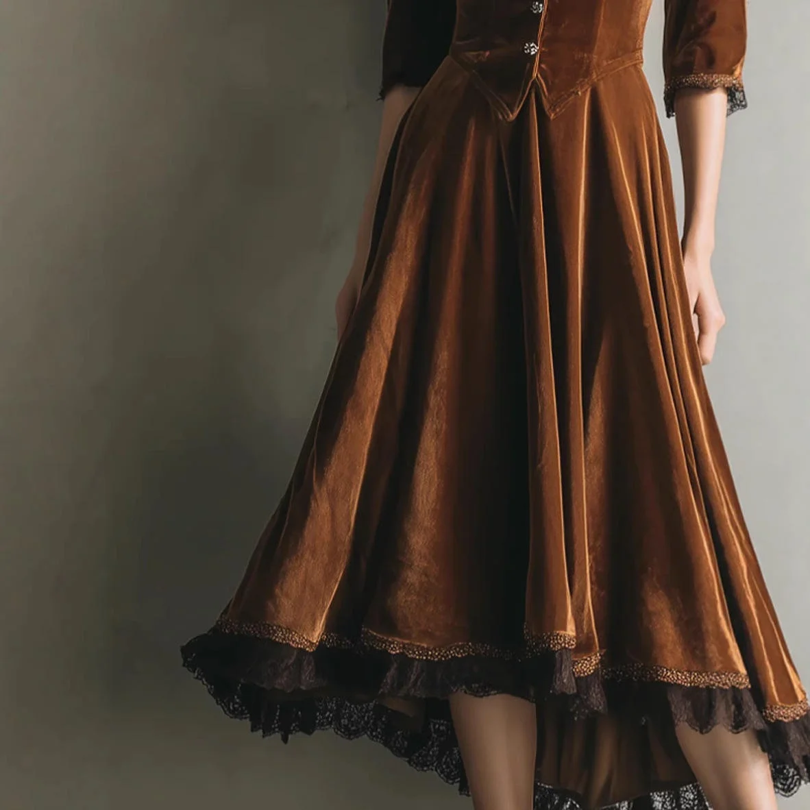 กระโปรงทรงเอวสูงผ้ากำมะหยี่แต่งลูกไม้ลายดอกไม้ ชายกระโปรงแบบไม่สมมาตร คอปกแบบ Dr. Western  สำหรับผู้หญิง  แฟชั่นฤดูใบไม้ร่วง