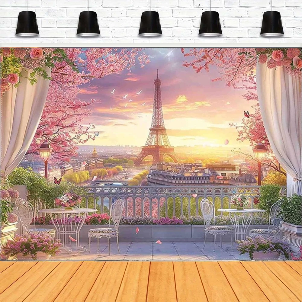 Eiffel Tower Photography Backdrop Paris Cityscape Cherry Terrace Curtain Background Wedding Party Decor Outdoor Photo Banner