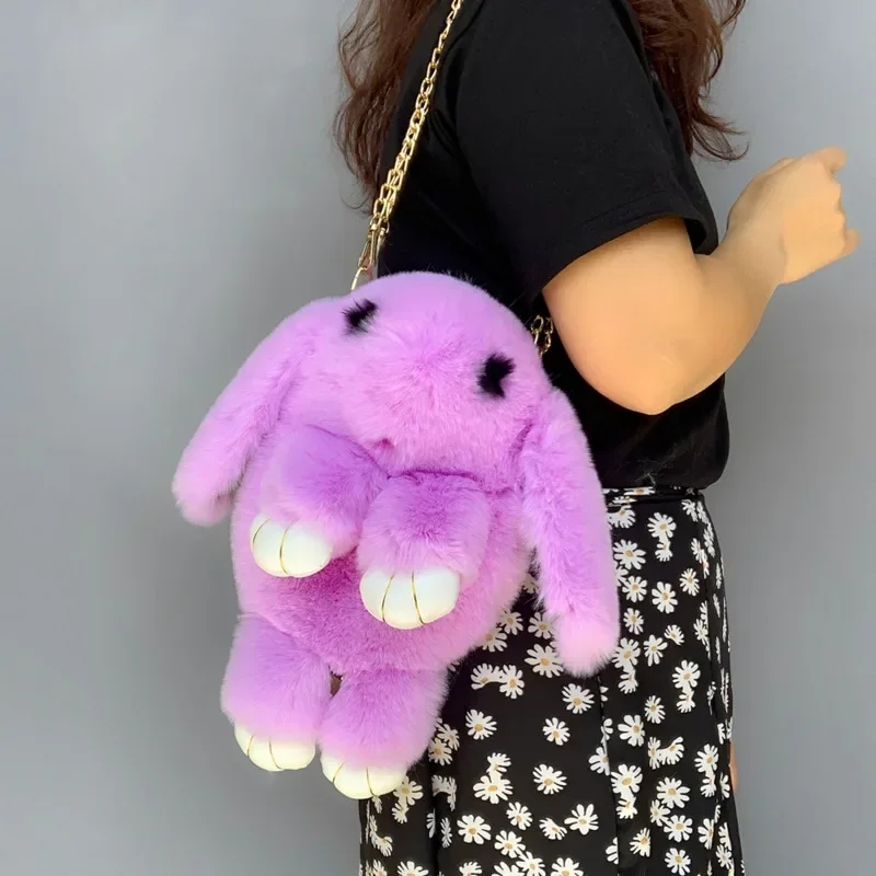 Women Cartoon Rabbit Sling Bag Fluffy Shoulder Plush Backpack Girl Birthday Gifts Cute Fluffy Rabbit Fur Pompoms Chain Bag