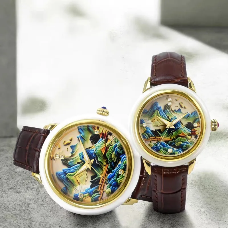 2026 New Mechanical Watch Chinese Wind Landscape Painting Luminous Couple Watch Jade Pair Belt view 4