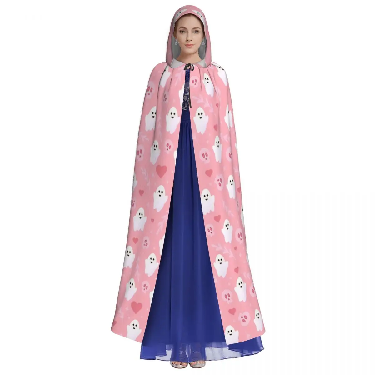 Aldult Pinkoween Cute Halloween Ghost & Skull Pattern Cloak with Hood Pink Coquette Ghost Grim Reaper Robe Costume for Party
