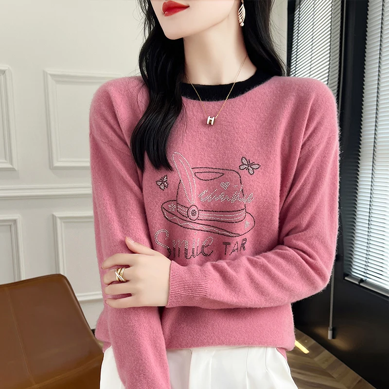 100% pure wool color matching O-neck women's autumn and winter new diamond-encrusted long-sleeved sweater loose fashion sweater