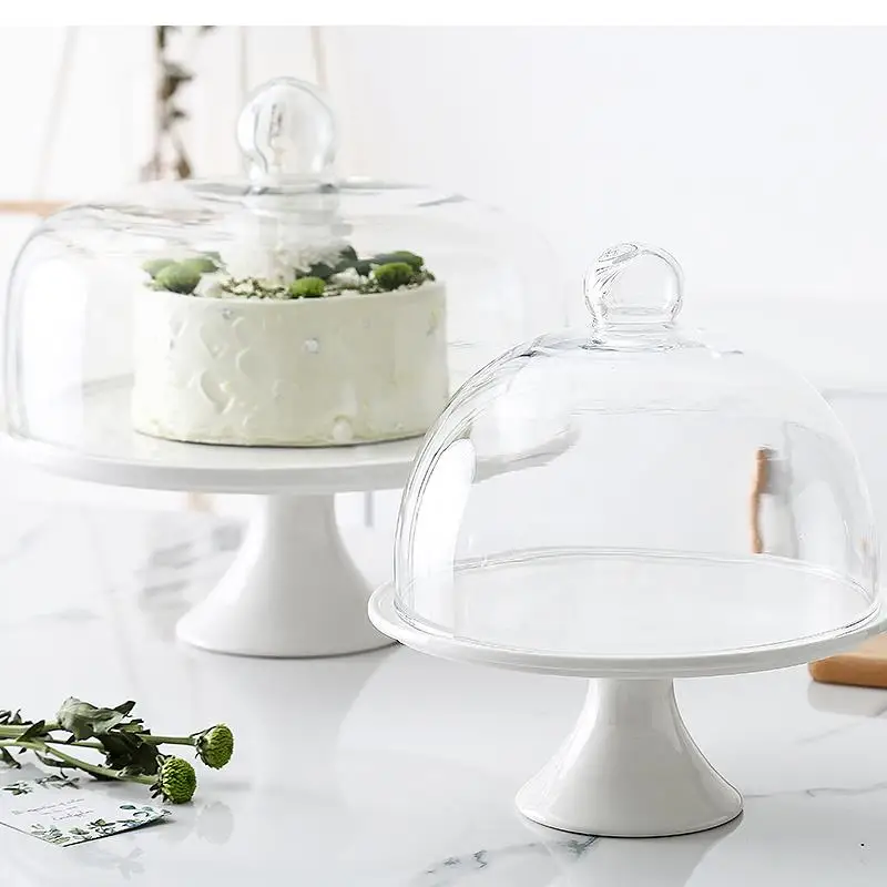 

Transparent Glass Cover Ceramic Cake Tray Birthday Dessert Tall Stand Table Baking