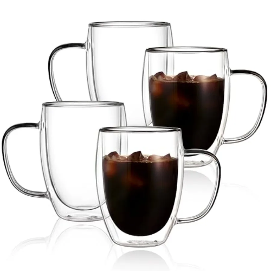 

12oz Double Walled Glass Coffee Mugs 4-pack Insulated Glass Mugs with Handle Clear Espresso Cups for Latte Cappuccino Tea Bag