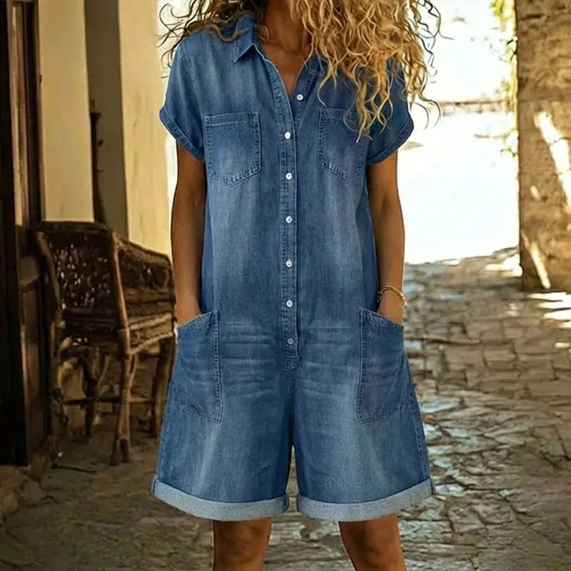 Elegant Commuter Solid Loose Short Romper Casual Lapel Single Breasted Denim Jumpsuit Women Fashion Short Sleeve Pockets Overall