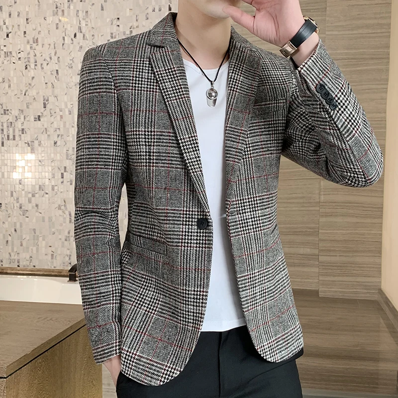 

Blazer Men's Checkered Business Outdoor Fashion Korean Version Travel Wedding Youth Slimming Casual High Formal Wear Blazer