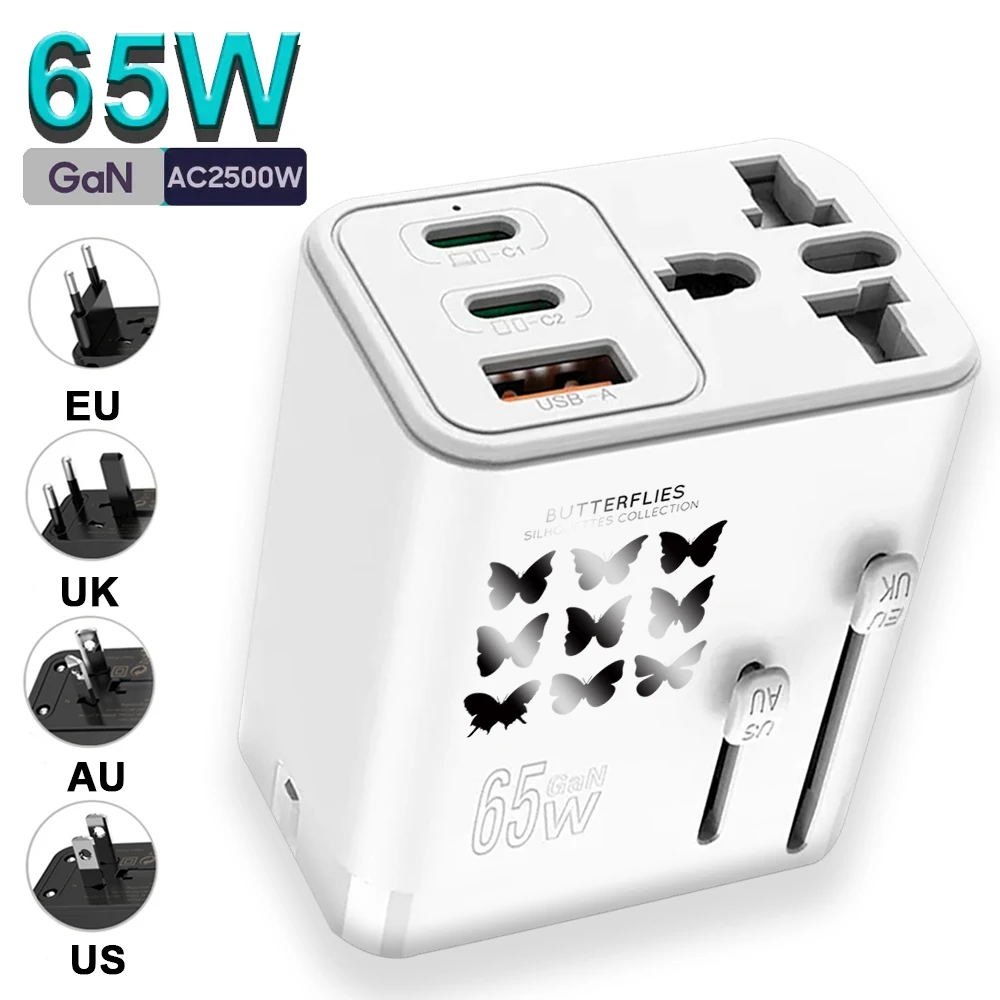 EONLINE 3D Universal Travel Adapter 65W GaN Charger with UK EU AU US Plugs, 2USB-C PD and USB-A QC3.0 for Laptops Tablets Phones