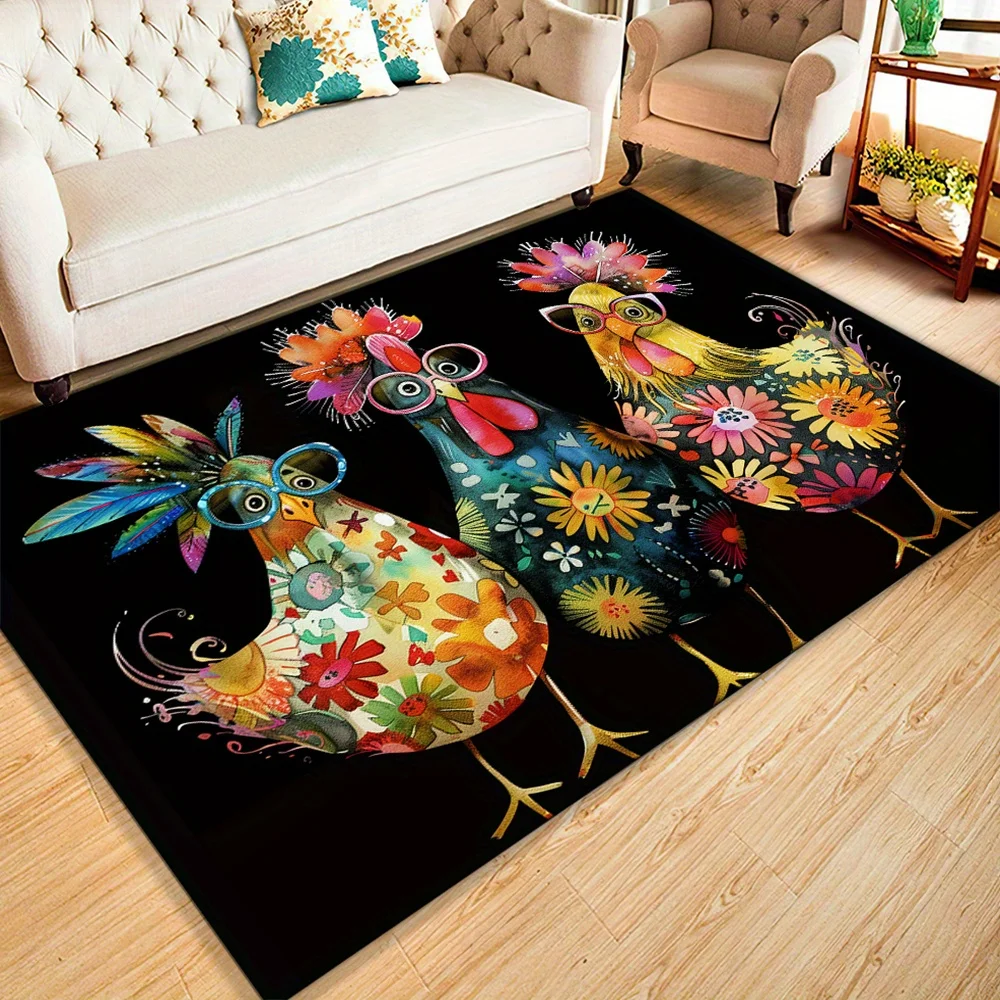 1pc 3D Rooster Print Area Rug - Polyester Crystal Velvet Carpet for Office & Home, Durable and Easy-Care Entrance Mat, Versatile
