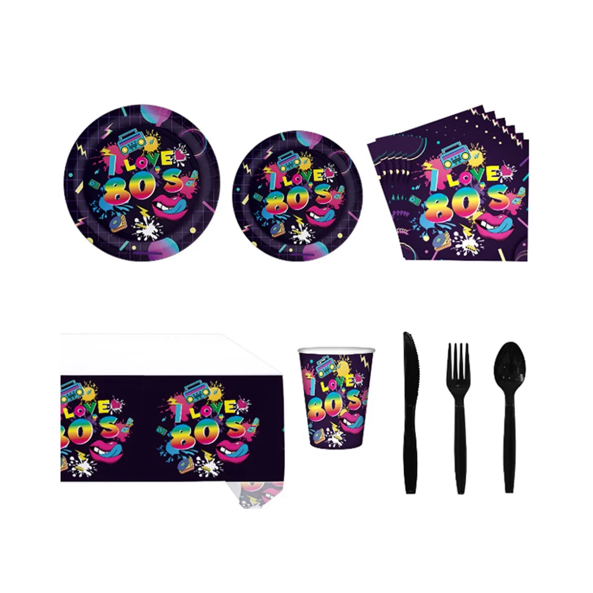 65 Pcs 80S Party Tablecloth Plates and Napkins Party Supplies for 1980S Hip Hop Party Decorations, Serves 8