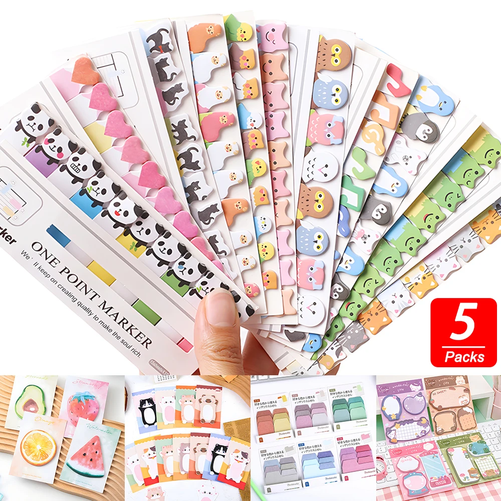 5Sets Cartoon Cute Kawaii Sticky Notes Dog Cat Memo Pads Post Notepads Journal Stationery To Do List Index Tabs Office Accessory