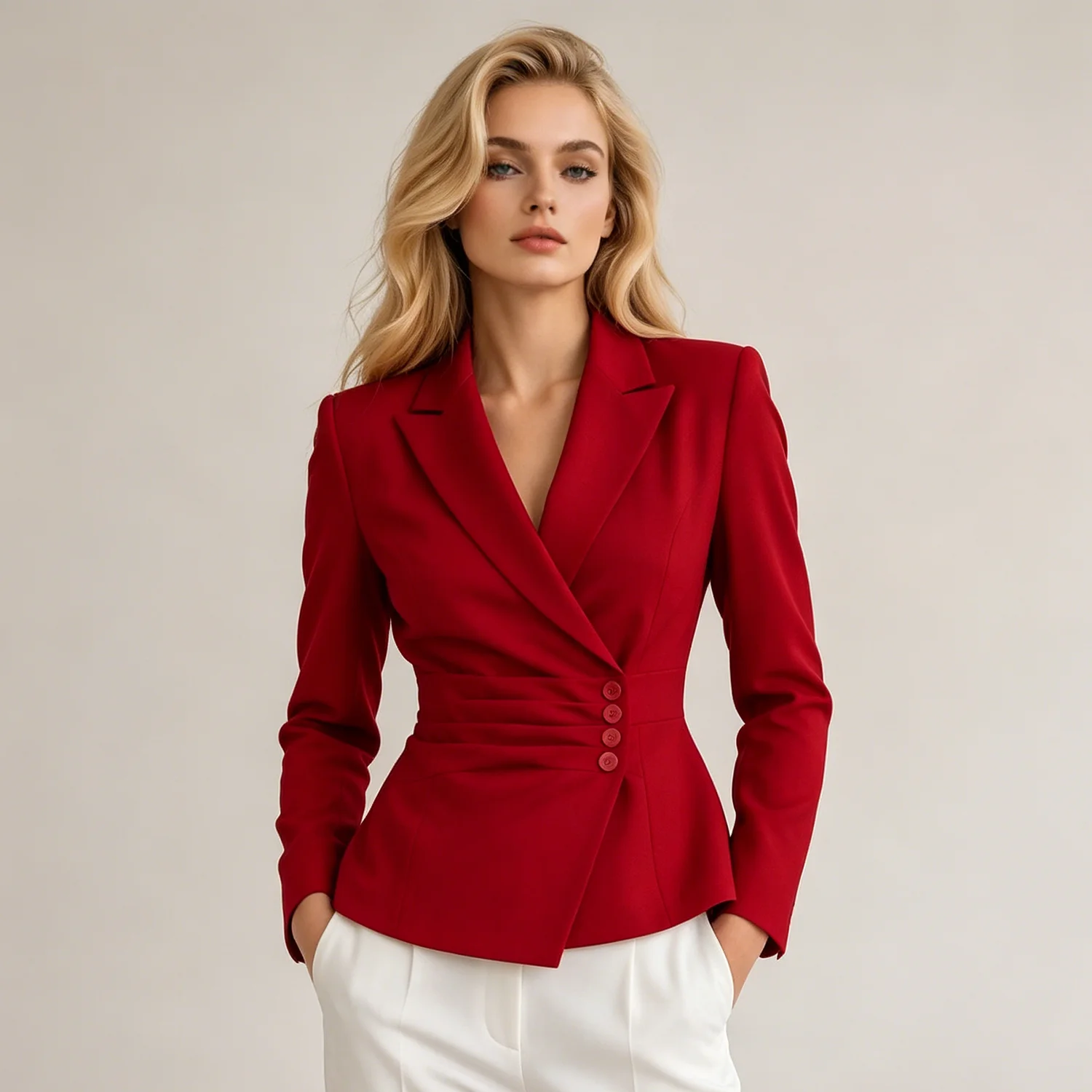 

PUAL Ruched Waist Lapel Blazer Women 3 Buttons Slim Irregular Hem Office Short Formal Two-piece Suit Jacket