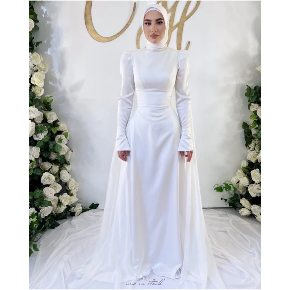 Cathy White Soft Stain Veil Puff Sleeve Wedding Dresses Turban vestidos de noche Bell Sleeves Prom Customized Formal Evening