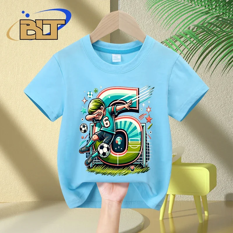 T-shirt de manga curta de fã de futebol, roupa de algodão para menino de 6 anos, aniversário e verão