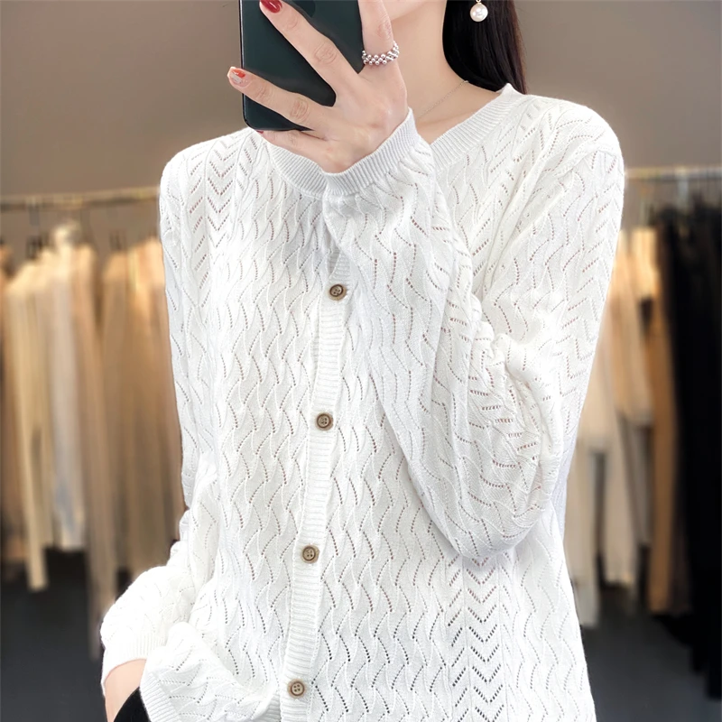 2023 Spring Autumn New 100% Cotton Round Neck Cardigan Women's Sun Protection Shirt Hollow Loose Knitted Top Long Sleeve Coat