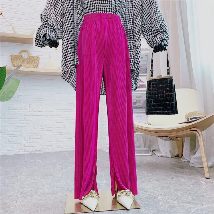 

Elegant Ice silk Pleated Pants Women Summer fashion sexy Bohemian Trousers Women High Waist Slit Casual Pants