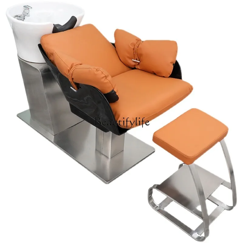 

-Hairdresser Stainless steel semi-reclining Thai shampoo bed Ceramic basin flushing bed