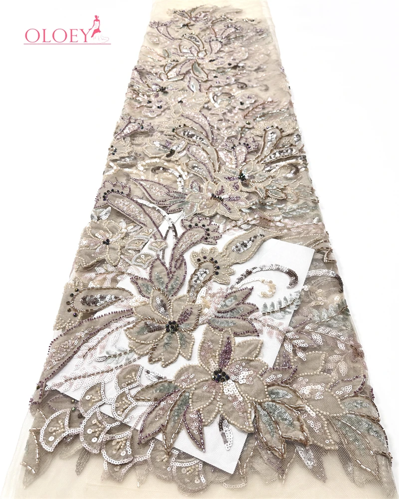 

OLOEY 2026 Velvet Embroidered Sequins Lace Fabric 5 Yards Burgundy Luxury French Nigerian Beaded Lace Fabric Wedding Dress Gown