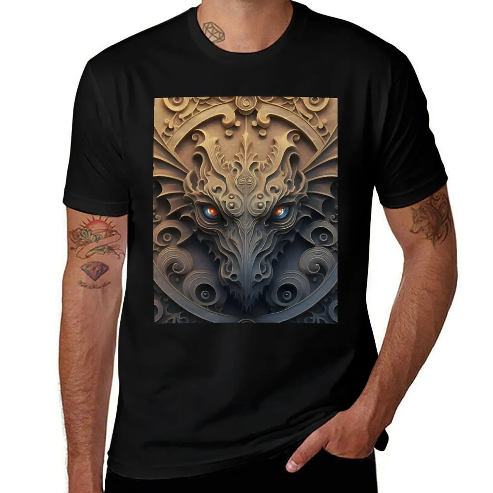 Medieval Stone Gargoyle Dragon Carving Graphic T-Shirt Stain Resistant Casual Tee