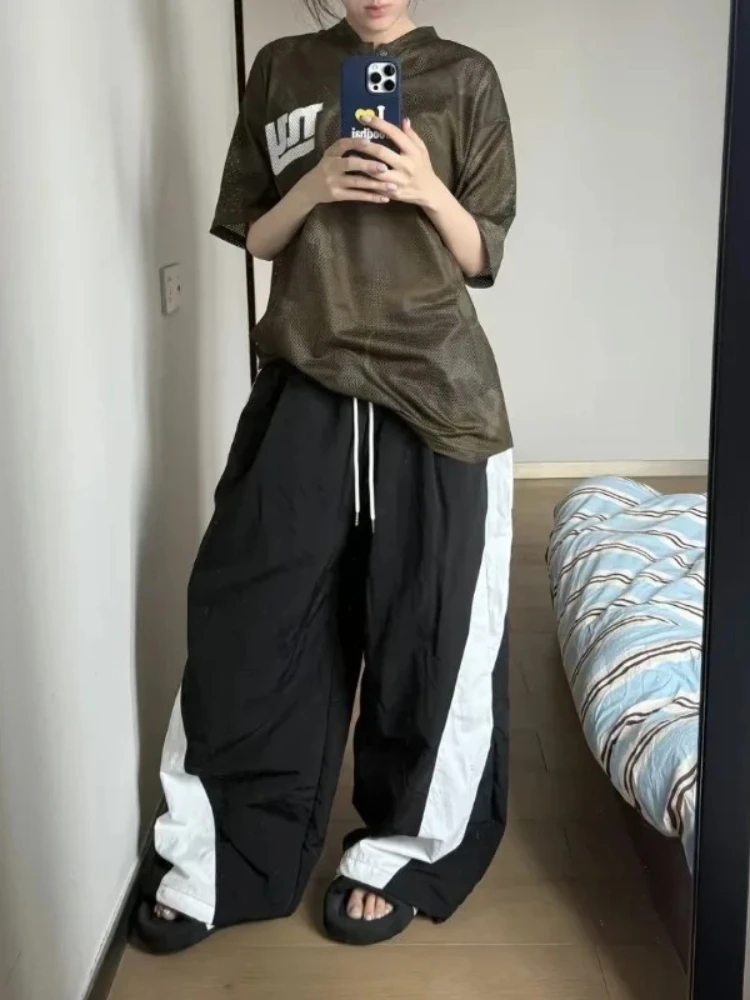 

HOUZHOU Black Contrast Color basic Women Sweatpants Drawstring High Waist Wide Leg American Style Pants Baggy Jogging Trousers