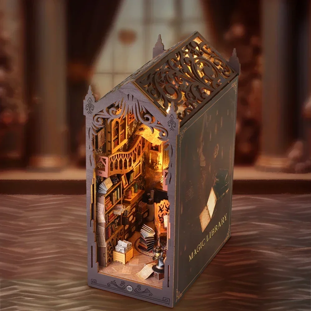Magic Library Book Nook Shelf Insert DIY Wooden Kits Miniature Building Kit Bookends Bookshelf Dollhouse for Friends Xmas Gifts