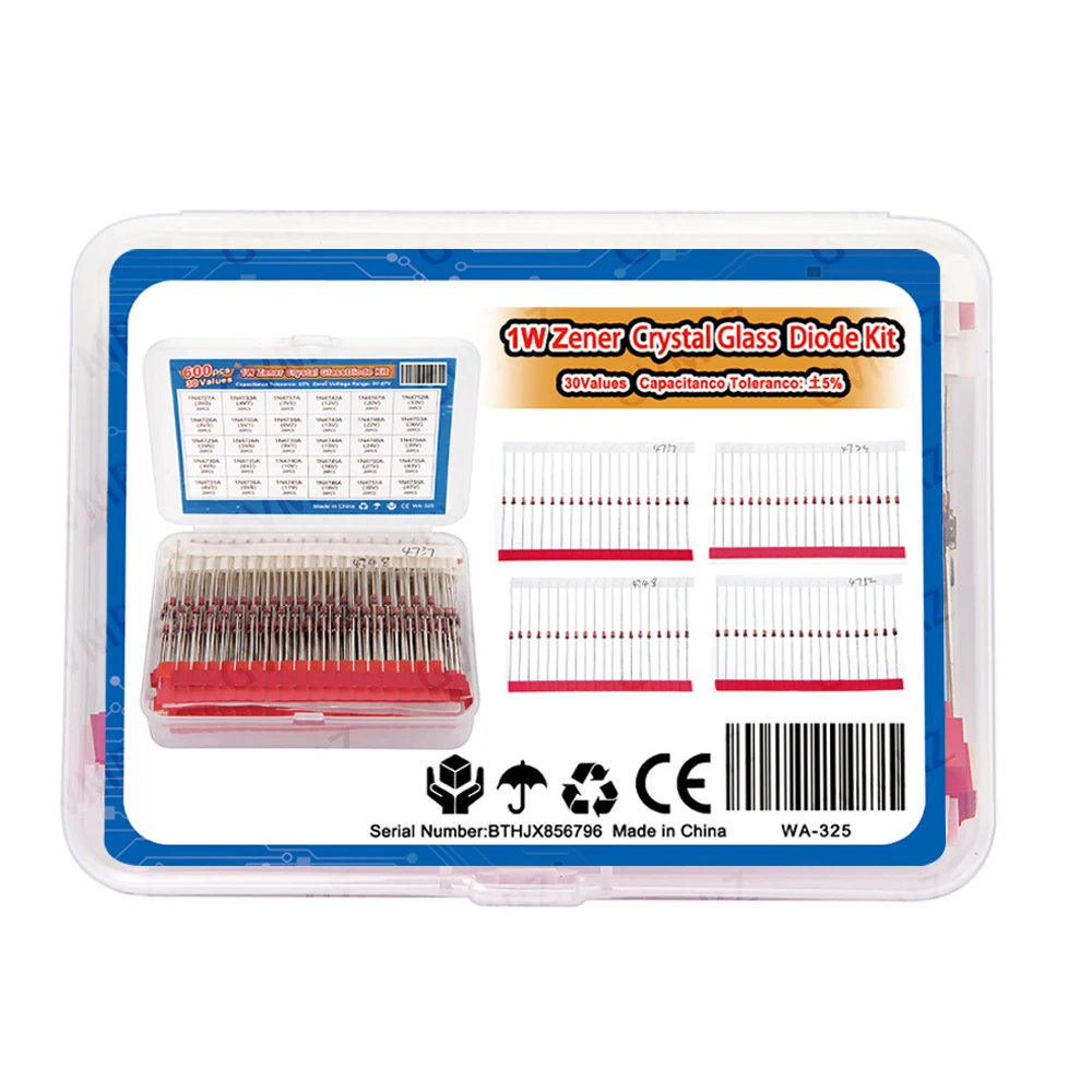 600PCS 4V3 6V8 11V 30Values 27V 1W Zener Diode Kit 3V-47V Box for Electronics Voltage Regulation Projects For Integrated circuit