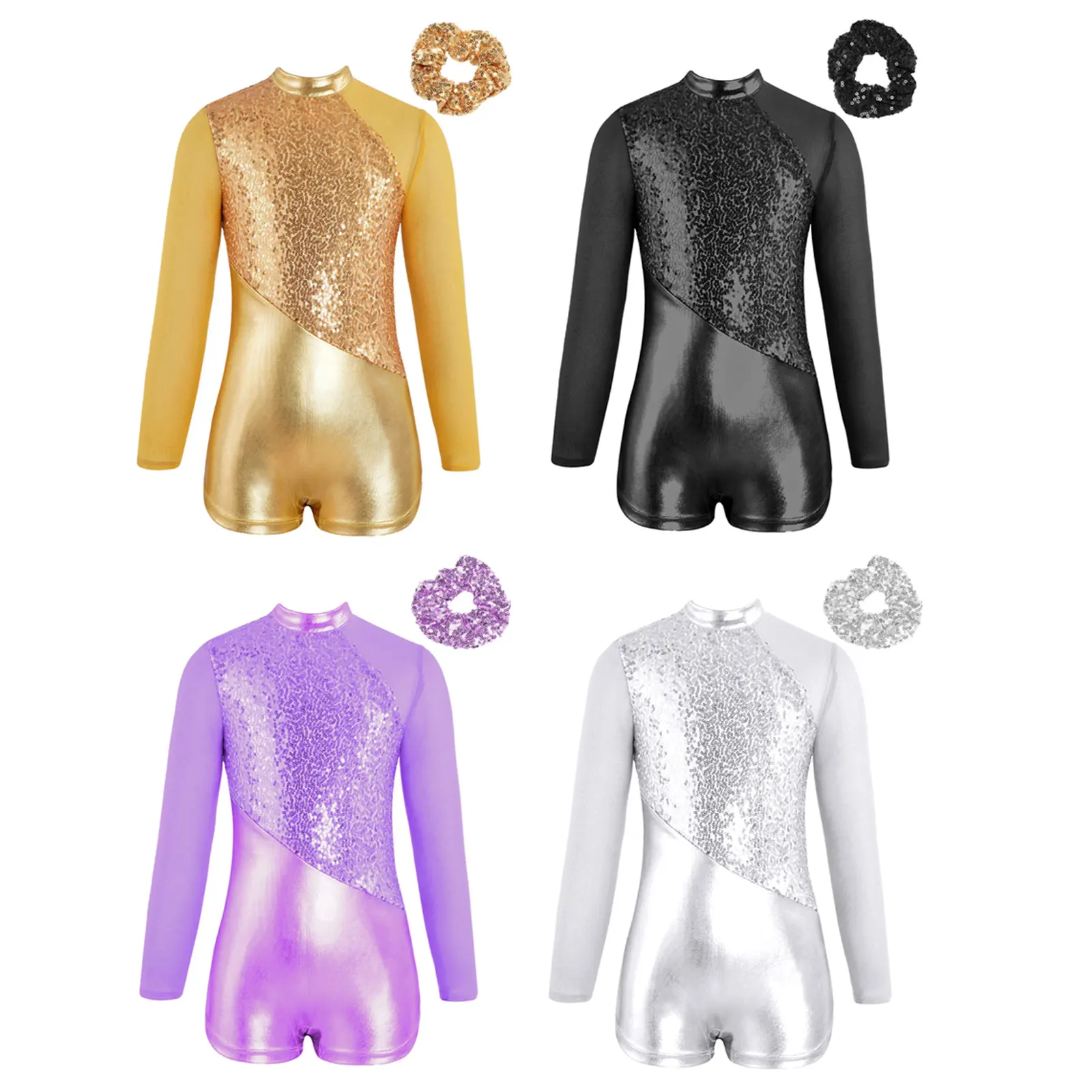 Kids Girls Latin Jazz Dance Costumes Sparkling Sequin Long Sleeve Zipper Leotard Jumpsuit and Headwear Show Performance Clothes