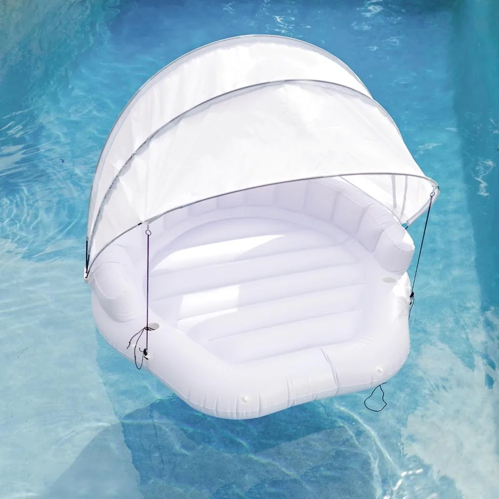 

Floats Inflatable Cabana - 2 Person Pool Float with Detachable Fabric Sun Shade, Backrest, Built in Cup Holders, and Grab Rope