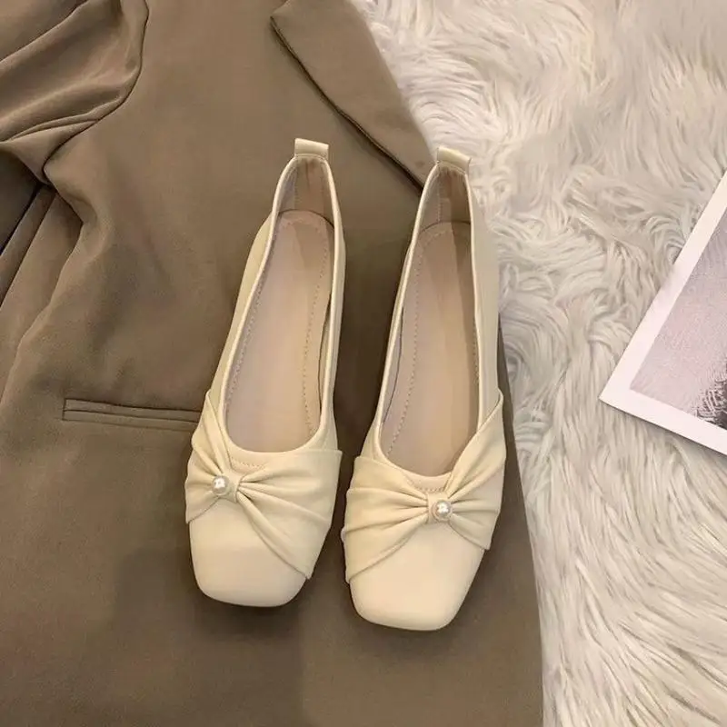 Women's Soft Square Toe Flat Shoes with Front Twist Knot Pearl Ornament - Ideal for Weekend Gatherings