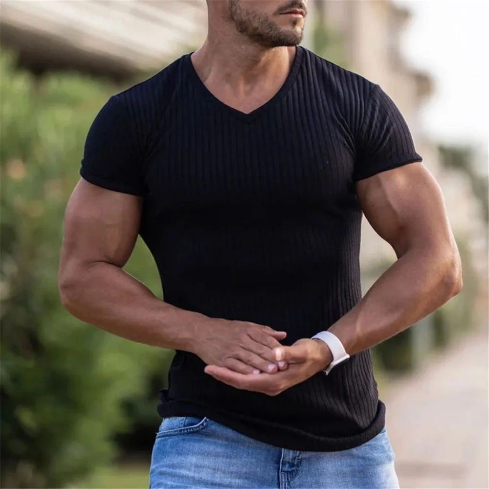 

2022 New Mens V Neck Sports T-Shirt Summer Gym Fitness Sports Solid Color Fashion Man Short Sleeve Casual Slim Fit T-Shirt Top