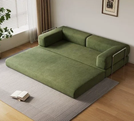 Sleeper Sofa Bed with Cylindrical Pillow, Corduroy Folding Mattress Couch with Fixed-Shape Frame, Modular Floor Sofa