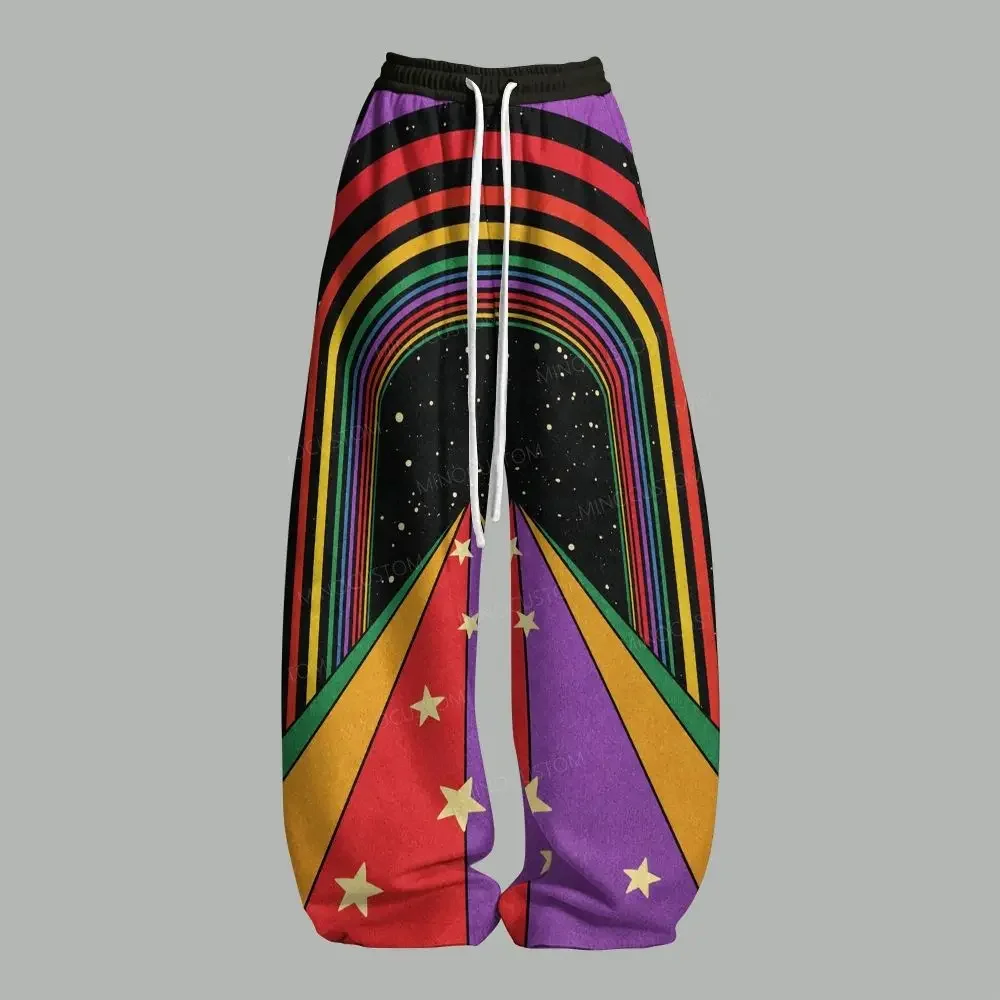 Rainbow Galaxy Star Printed Sports Pants Colorful Retro Space Star Wide Leg Pants Casual Street Wear Slow Running Pants
