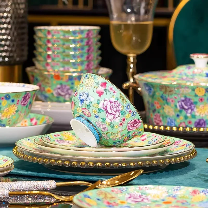 DSA high-end tableware set Jingdezhen bone china enamel color Chinese court style ceramic household housewarming new home dishes