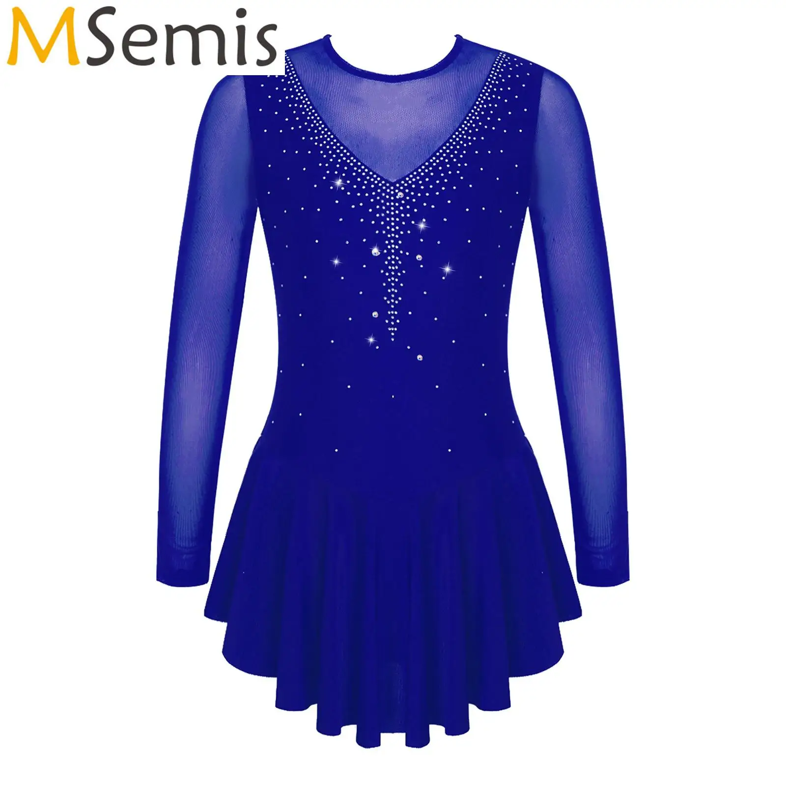 Kids Girls Shiny Rhinestone Artistic Figure Ice Skating Dress Long Sleeve Round Neckline V Shape Ballet Lyrical Tutu Dance Dress