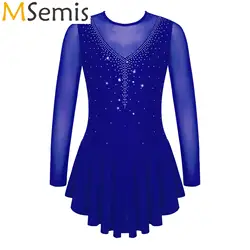 Kids Girls Shiny Rhinestone Artistic Figure Ice Skating Dress Long Sleeve Round Neckline V Shape Ballet Lyrical Tutu Dance Dress