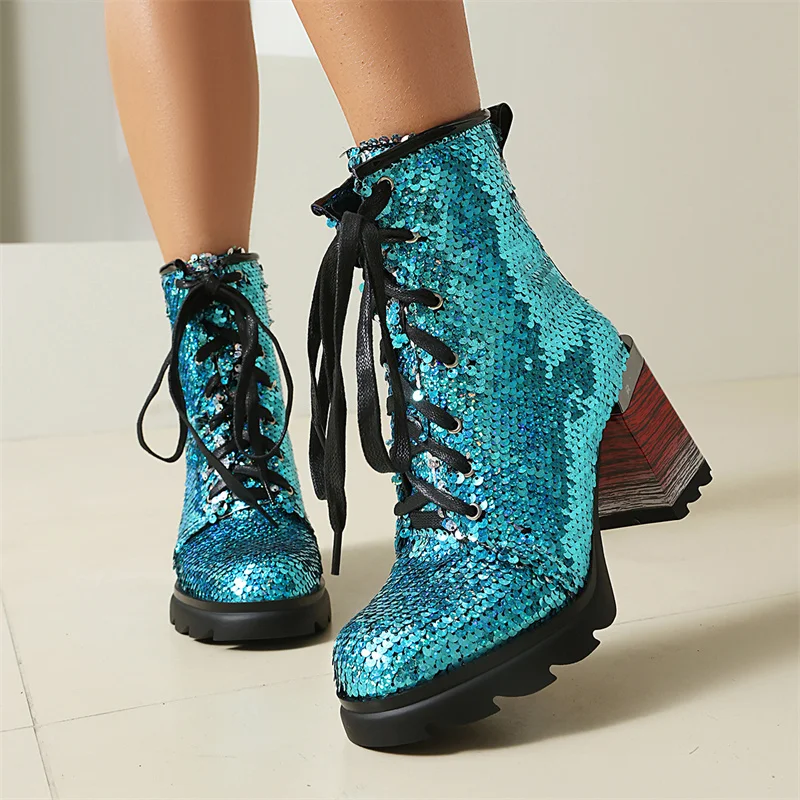YMECHIC 2026 Brand Chunky Heels Ladies's Lace-up Sequin Ankle Boots Dress Stylish Short Booties Good Quality Party Women Shoes