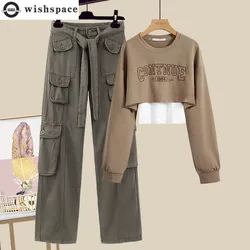 Letter Printed Patchwork Long Sleeved T-shirt Work Outfit Wide Leg Pants Two-piece Elegant Women's Pants Set Student Casual