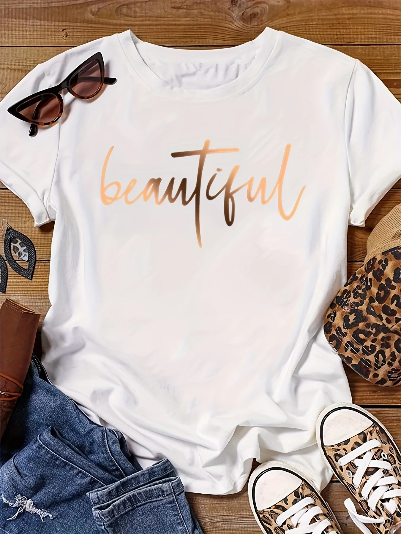 New Product Gold English Letter Pattern Printed Simple Fashion Casual and Refreshing Summer Round Neck T-shirt Top Clothing