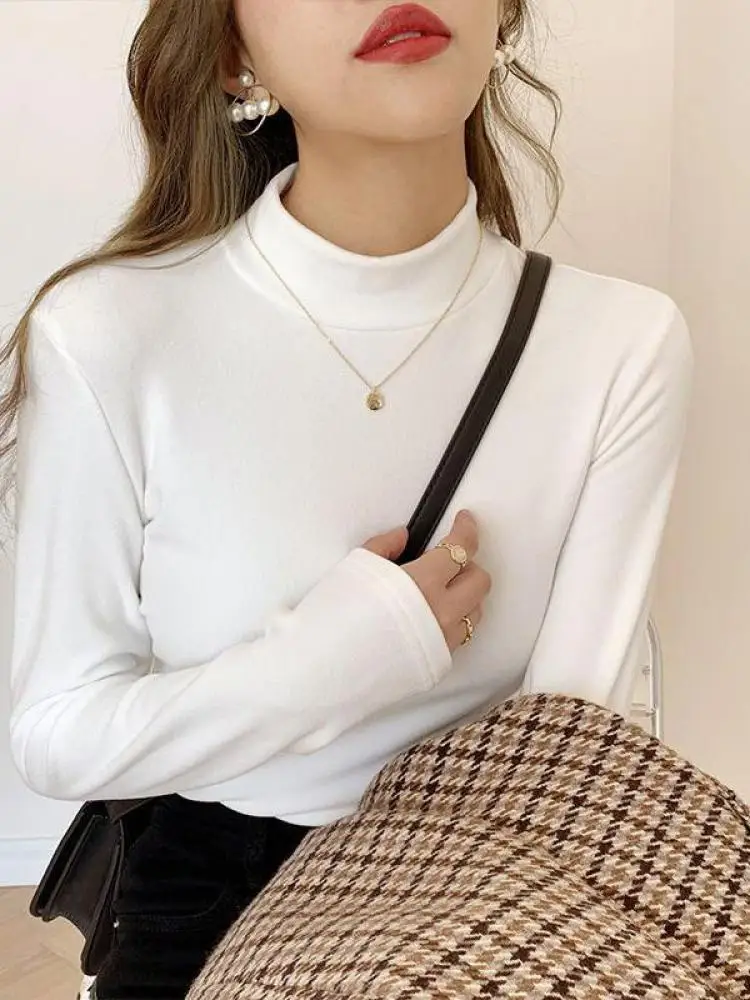 

Autumn Winter Solid Elegant Half High Neck Long Sleeve Slim Pullover Sweater Women Versatile Knitted Tops 2025 Simple Streetwear