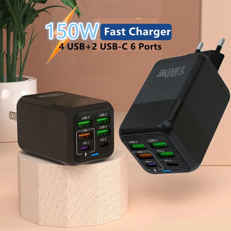 Cargador de 150W con 6 puertos, adaptador de pared, PD, QC 3,0, USB C, carga súper rápida para iPhone, Samsung, iPad, Xiaomi, Huawei