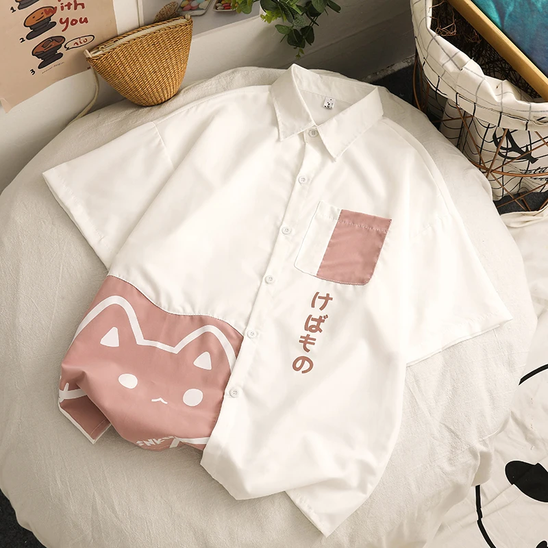 2025 Summer and Autumn New Japanese Style Trendy Cartoon Blue Pink Long Sleeve Shirt Men's Loose White Short Sleeve Casual Shirt