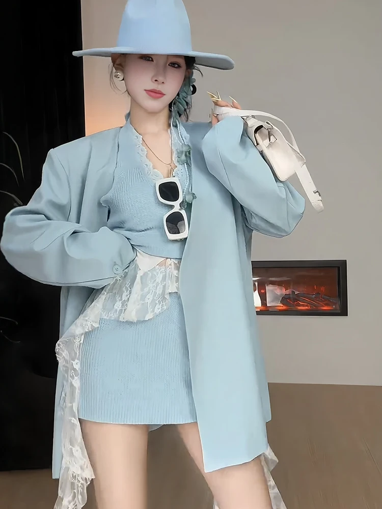 

Korean Style Blue Lace Knitted Vest Short Skirt Two-Piece Set Women's Fashion Spring Outfit V-Neck Suit Jacket Long Sleeve